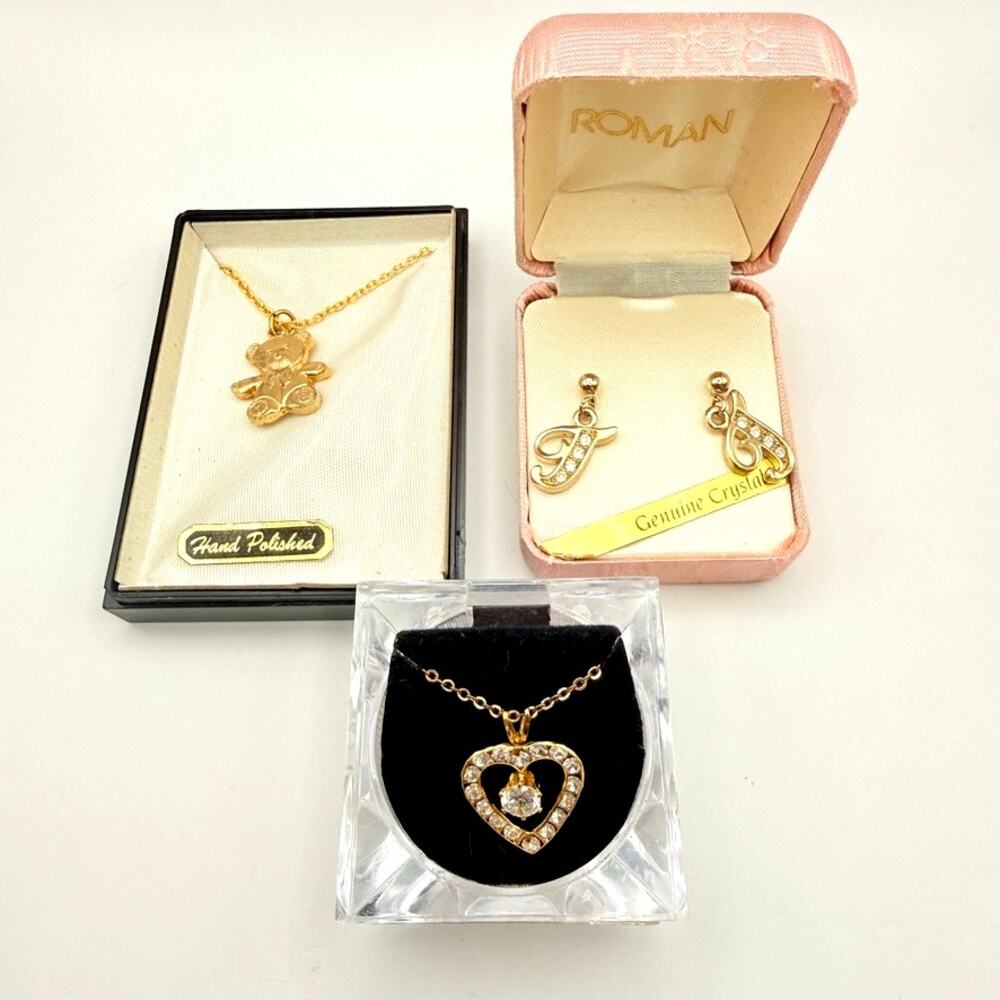 Lot of 3 Vintage NIB Gold Tone CZ Heart Teddy Bear Necklaces Roman Earrings